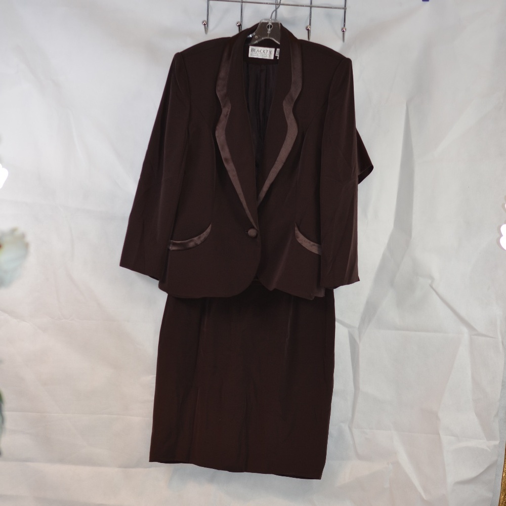 Black Tie Brown Embellished Satin trim Jacket & Dress SZ 14 Oleg Cassini